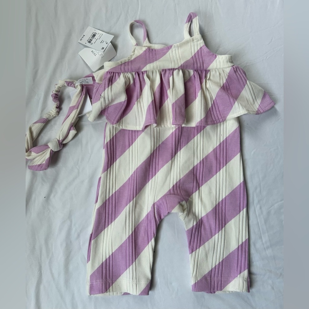 Lavender & Cream Striped Ruffle Baby One-Piece with Headband
